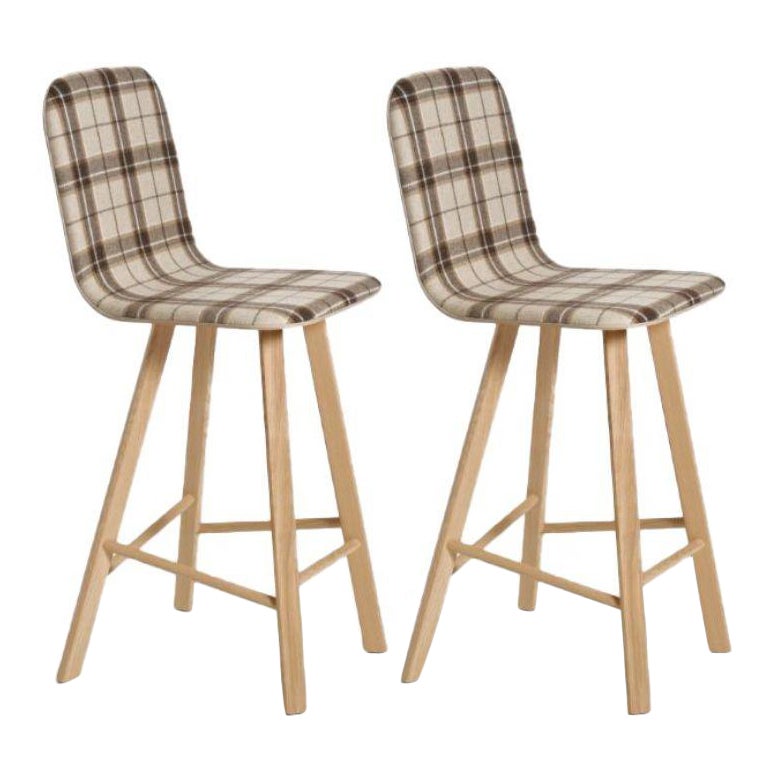 Set of 2, Tria Stool, High Back, Upholstered Wool, Tartan Beige by Colé Italia For Sale