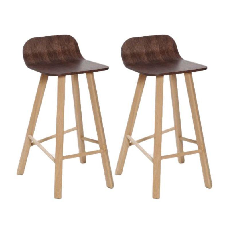 Set of 2, Tria stool, low back, coffee by Colé Italia with Lorenz & Kaz 
Dimensions: H.seat 67/77, H 79/89, D 52, W 48 cm
Materials: Legs in solid oak with triangular section. Shell low back in curved plywood oak veneered

Also Available: Tria