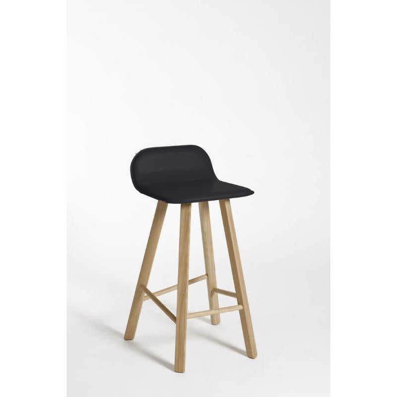 Ensemble de 2 tabourets tria, dossier bas, cuir noir par Colé Italia avec Lorenz+Kaz. 
Dimensions : H.siège 67/77, H 79/89, P 52, L 48 cm.
Matériaux : Tabouret en contreplaqué avec dossier bas rembourré en cuir ou en tissu ; 4 pieds en bois de