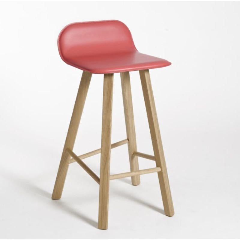 Set of 2, tria stool, low back, leather Rojo by Colé Italia with Lorenz & Kaz 
Dimensions: H.seat 67/77, H 79/89, D 52, W 48 cm
Materials: Plywood stool with low back leather or fabric upholstered; solid oak wood 4 legs;

Also Available: Tria