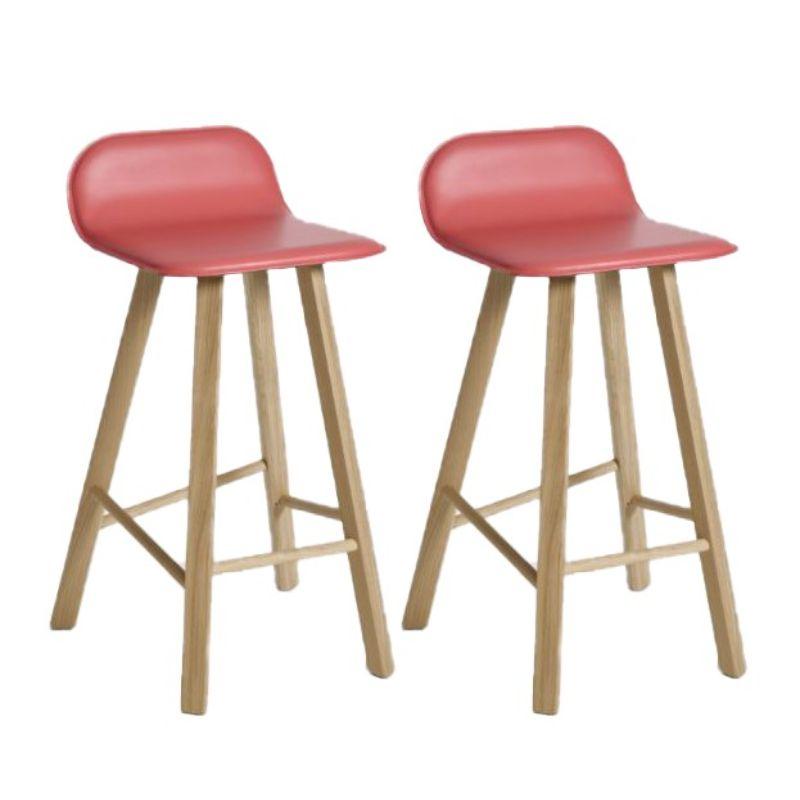 Plywood Set of 2, Tria Stool, Low Back, Leather Rojo by Colé Italia For Sale