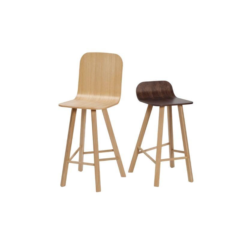 Set of 2 tria stools, low back coffee & high back oak by Colé Italia with Lorenz & Kaz 
Dimensions: H.seat 67/77, H 79/89, D 52, W 48 cm
Materials: Legs in solid oak with triangular section. Shell low back in curved plywood oak veneered

Also