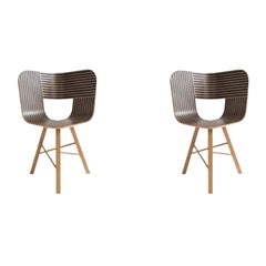 Set di 2 sedie a 3 gambe Tria Wood, sedile a righe avorio e nero di Colé Italia