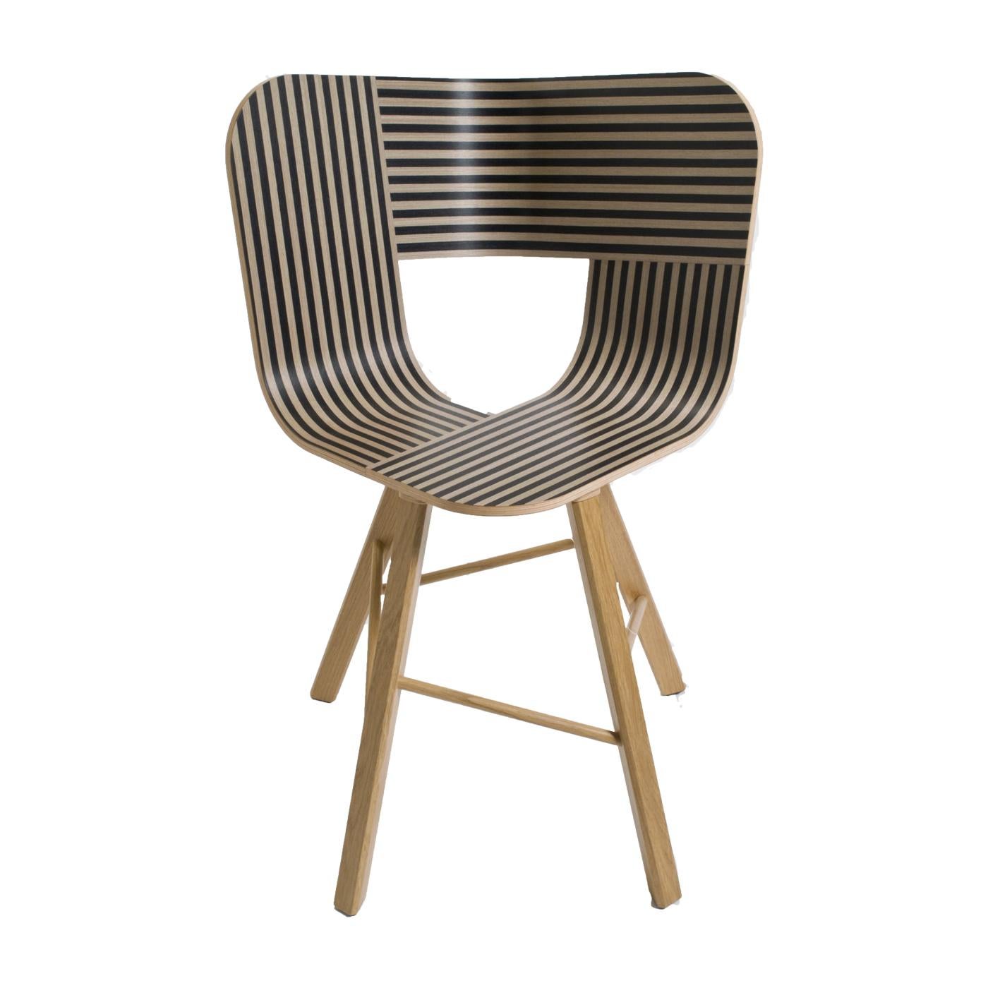 Set of 2, Tria wood 4 legs chair, striped seat ivory and black by Colé Italia with Lorenz & Kaz
Dimensions: H 82.5, D 52, W 61 cm
Materials: Plywood chair; 4 legs solid oak base

Also available: Tria; 3 legs, with cussion, black, gold, simple,