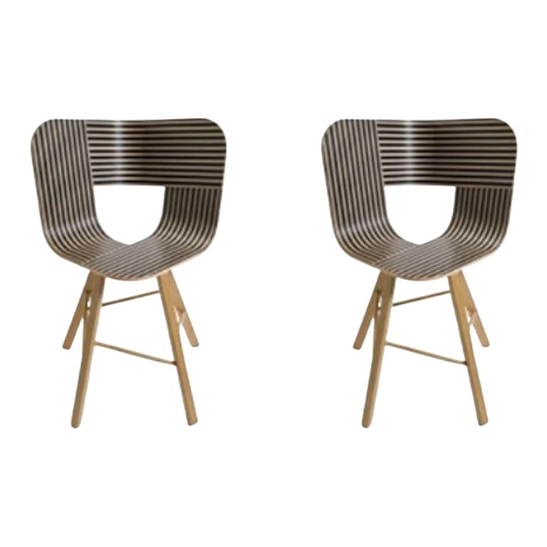 Ensemble de 2 chaises à 4 pieds en bois Tria, assise rayée ivoire et noire par Colé Italia en vente