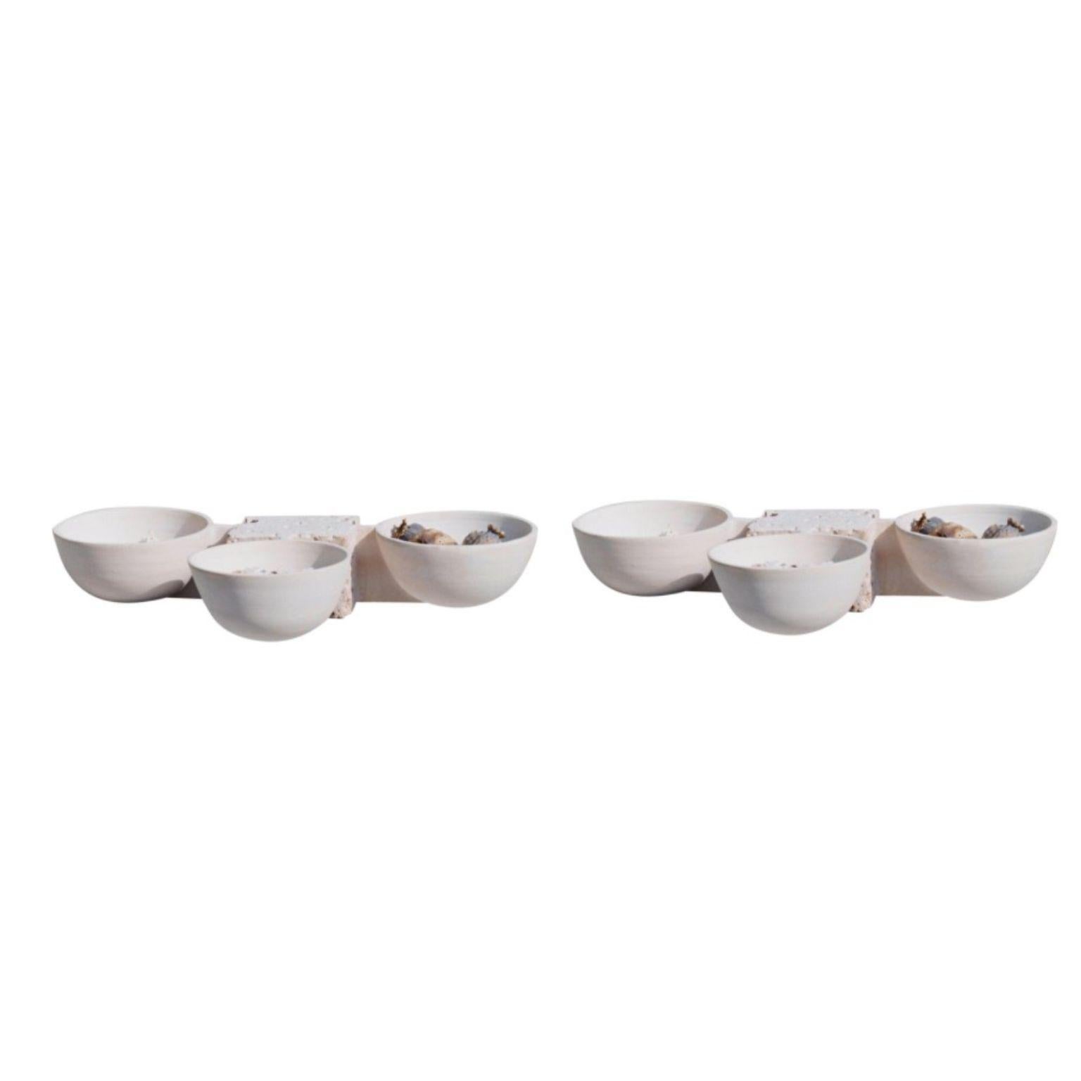 Set of 2 triple bowls by Turbina
Future archeology
Dimensions: H 4.5 x W 24 x D 14 cm. Each
 Bowl diameter 8 cm
Materials: Natural / White Mayolica Fired Clay, Cast Stone

Future archeology: The Object as connection and symbol to understand past and