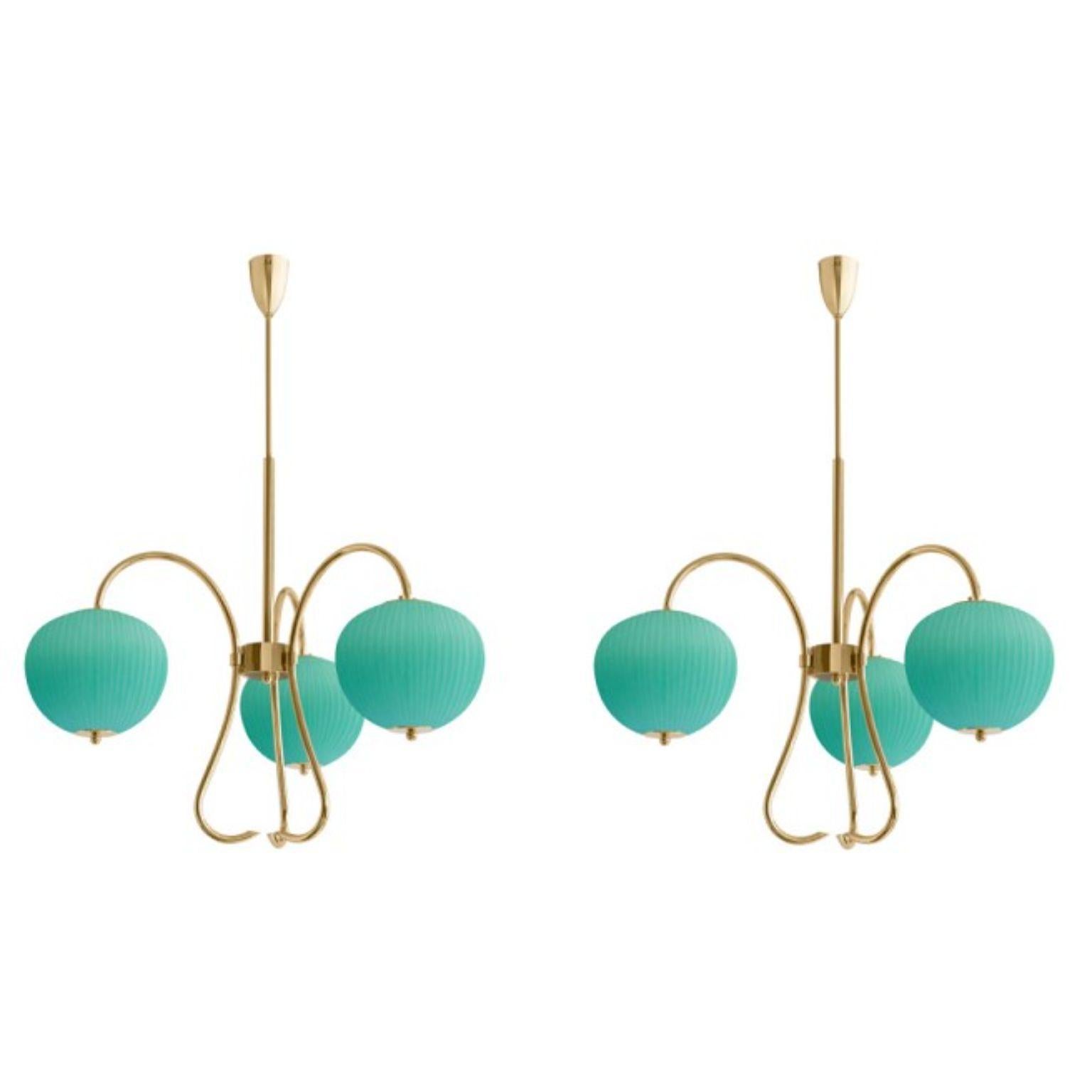 Triple chandelier China 03 by Magic Circus Editions
Dimensions: H 120 x W 81.5 x D 26.2 cm
Materials: brass, mouth blown glass sculpted with a diamond saw
Colour: jade green

Available finishes: Brass, nickel
Available colours: enamel soft