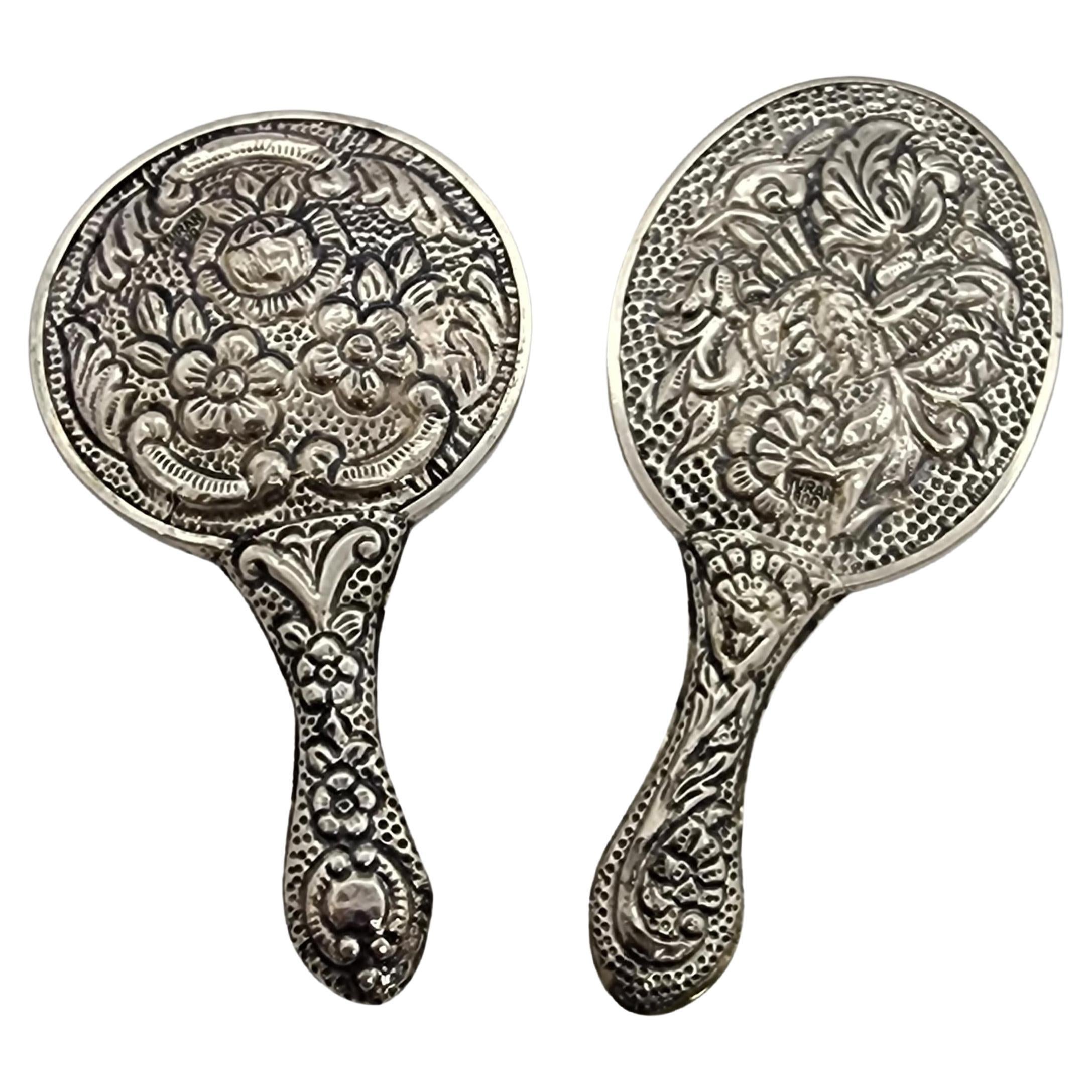 Set of 2 Turan Turkey 900 Silver Repousse Hand Mirrors #15964 For Sale