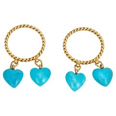 Set of 2 Turquoise Heart Charm Rings Vintage 14k Yellow Gold Stacking Bands