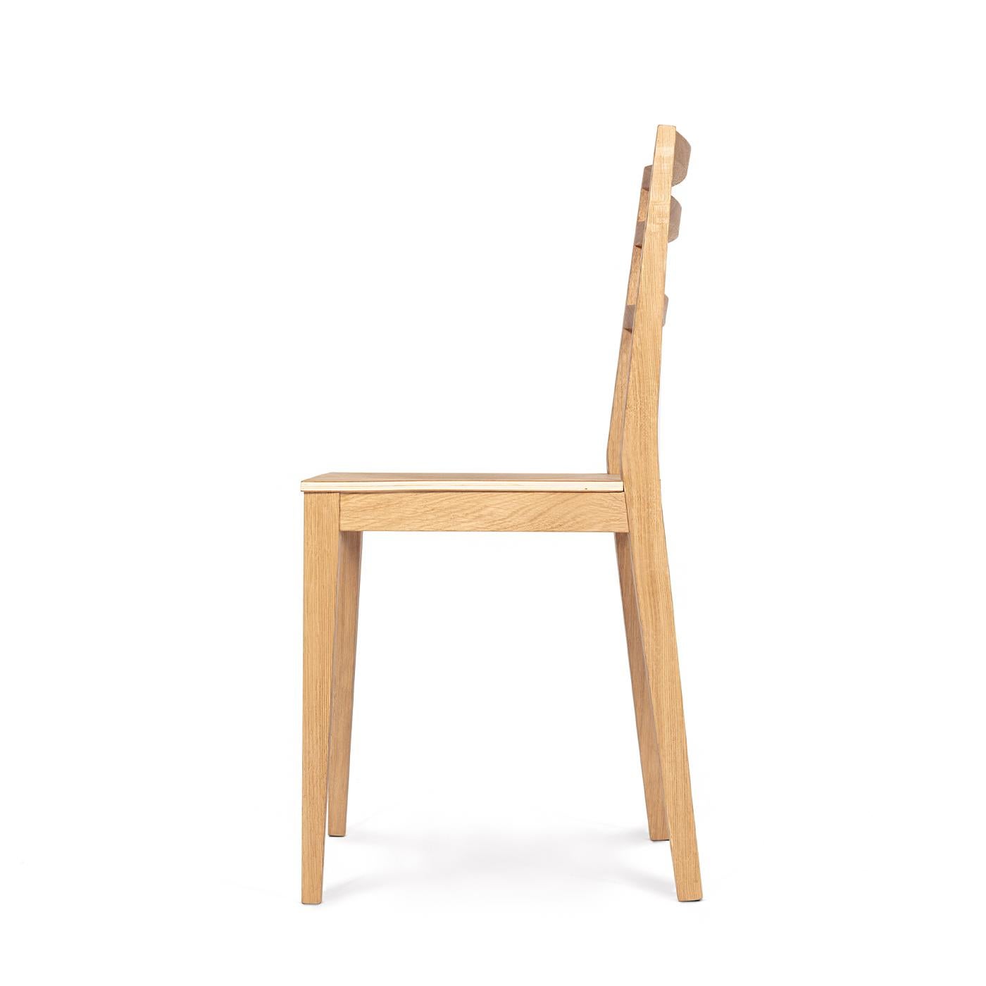 This set of modern chairs in solid oak is a perfect addition to a living or home space with a modern touch. The chairs are coated in an oil finish, giving them clean, simple lines and making them impossible not to love. A backrest that is slightly