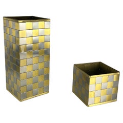 Retro Set of 2 Umbrella Stands and Plant Holder Brass and Steel, Made in Italy, 1970s