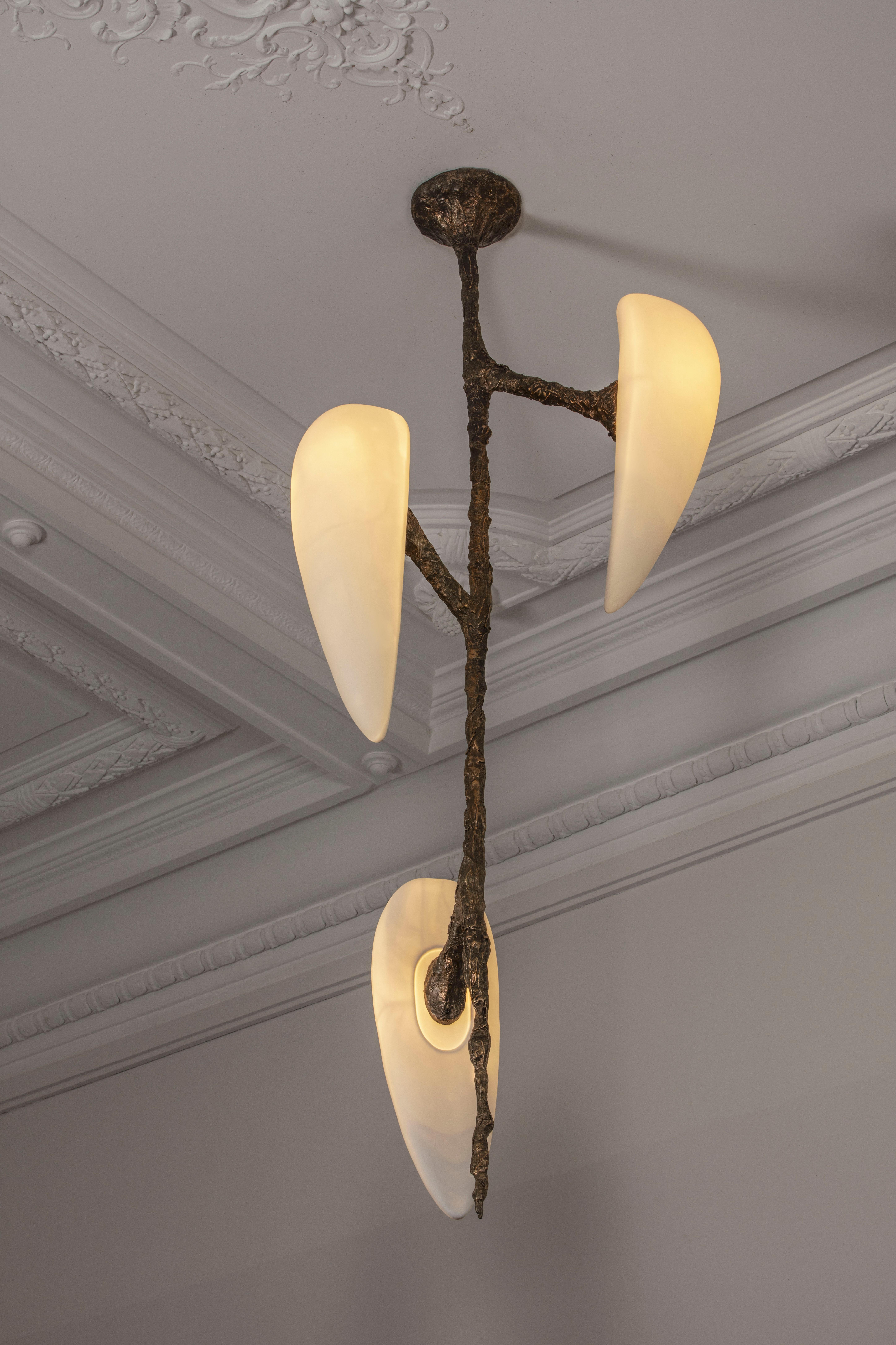 Post-Modern Set of 2 Unique Cast Bronze Chandeliers Hand-Sculpted by William Guillon For Sale