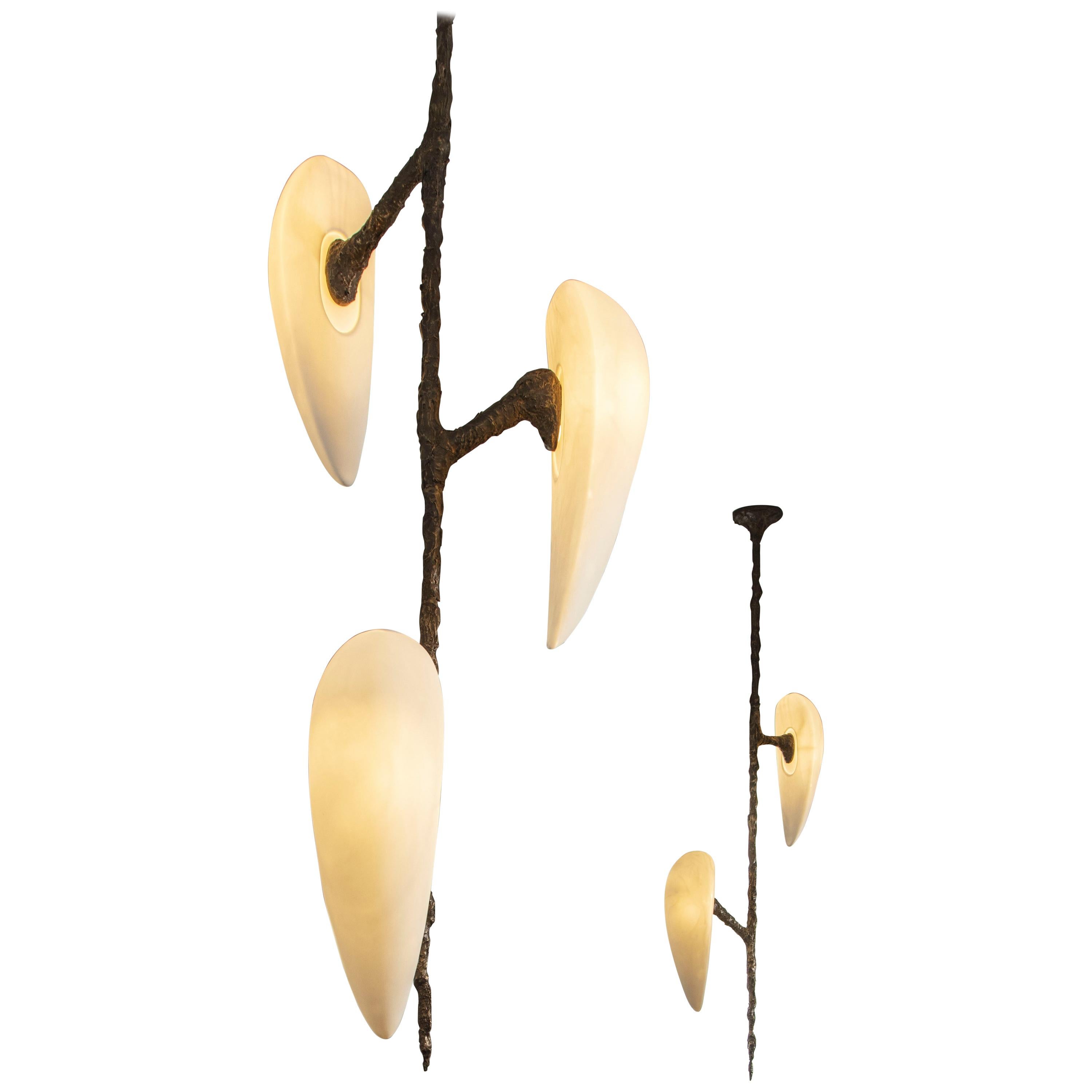 Set of 2 Unique Cast Bronze Chandeliers Hand-Sculpted by William Guillon