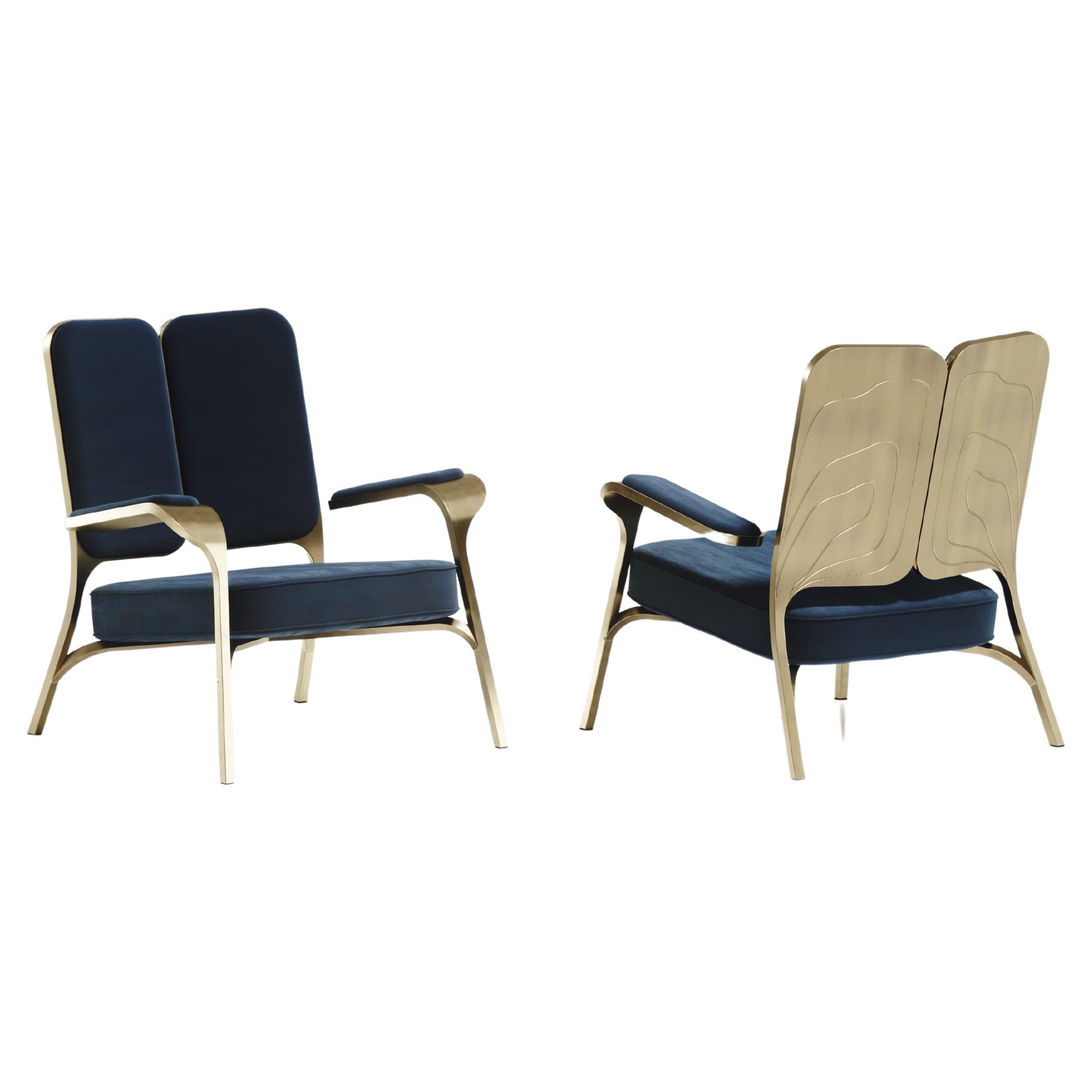 Set of 2 Upholstered Armchairs with Bronze-Patina Brass Details by R&Y Augousti