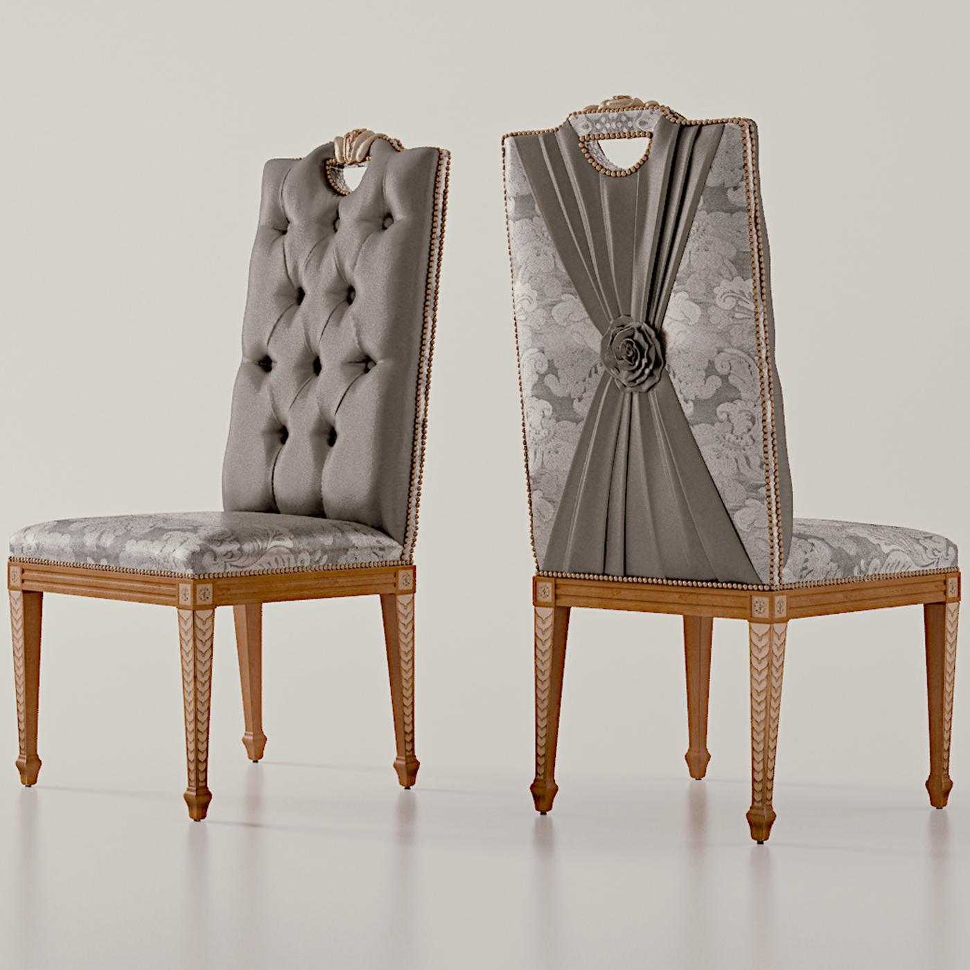 This magnificent chair will create a charming statement around a refined dining table. The chair is entirely crafted of cherry wood, enriched with handmade inlays in maple, mother of pearl, and mecca silver leaf. The backrest is tufted on the front