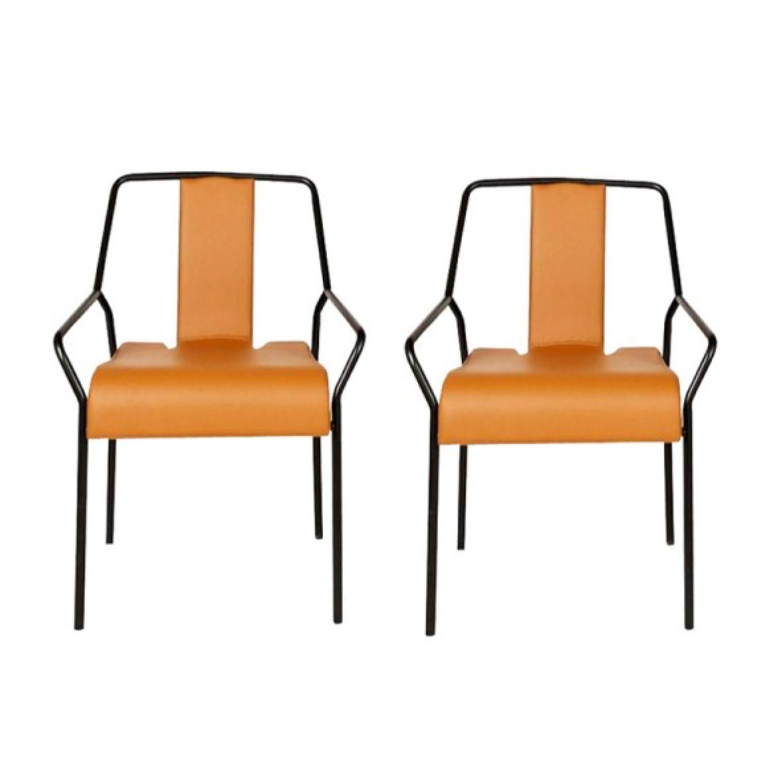 Set of 2 upholstered DAO chairs by Shin Azumi
Materials: stackable chair, black or white lacquered metal frame. Seat covered in imitation leather
Technique: Lacquered metal, natural and stained wood. Faux leather. 
Dimensions: W 56 x D 50.1 x H 80