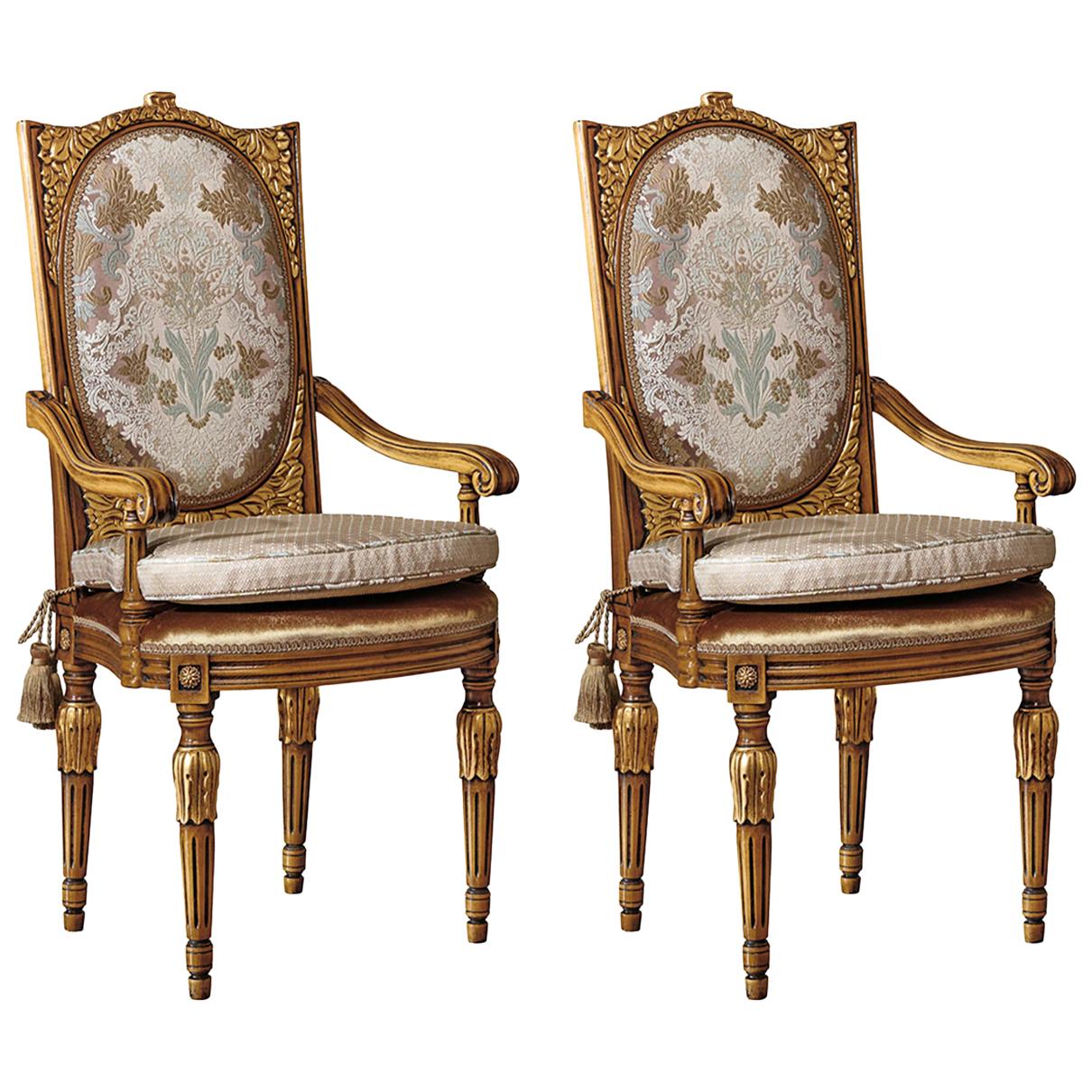 Set of 2 Upholstered Dining Armchairs with Gold Inlays