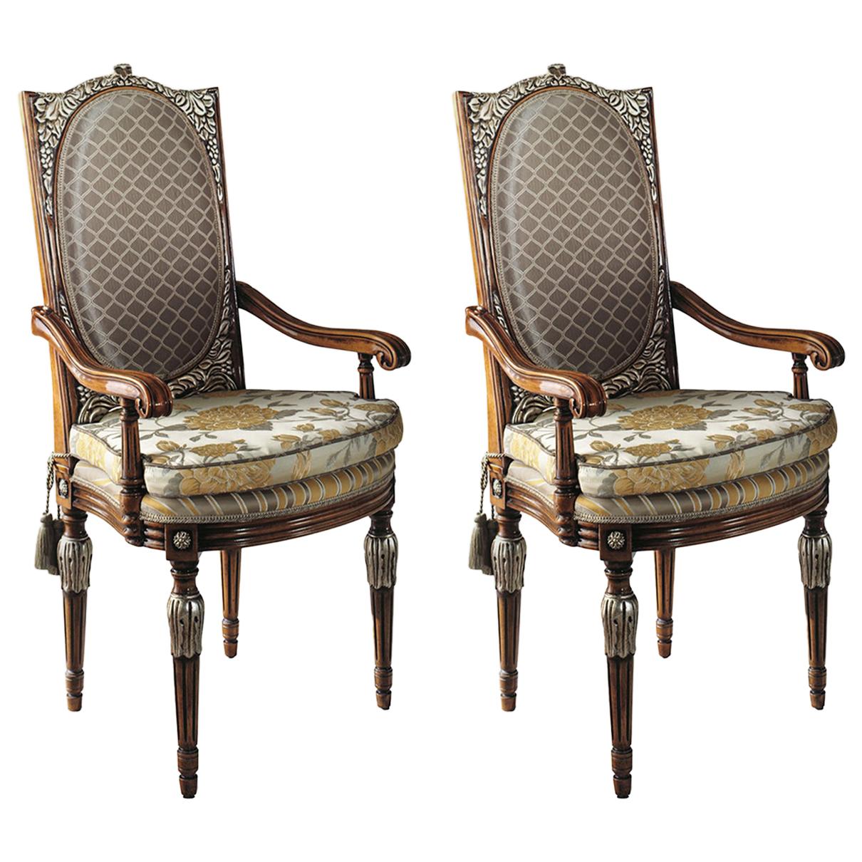 Set of 2 Upholstered Dining Armchairs with Silver Inlays
