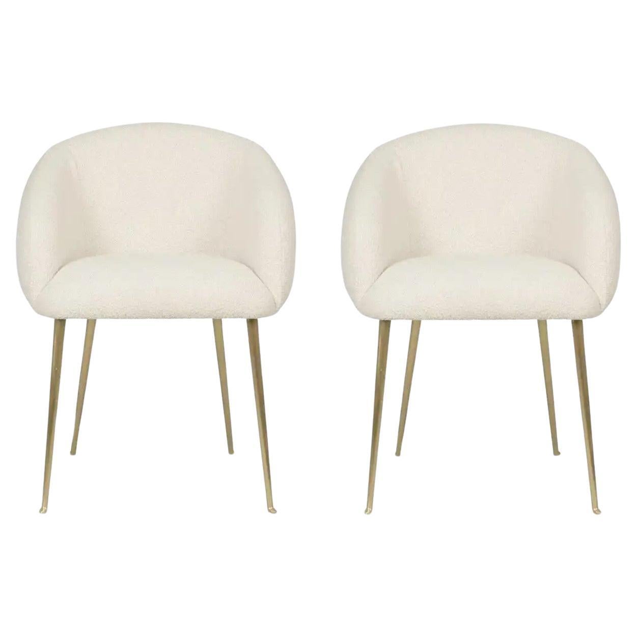 Set Of 2 Upholstered Dining Chairs With Tapered Legs in Brass. For Sale