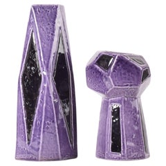 Set of 2 V. Bjerke Petersen Rörstrand Fasett Vase 7 and 8 Purple & Black, Sweden