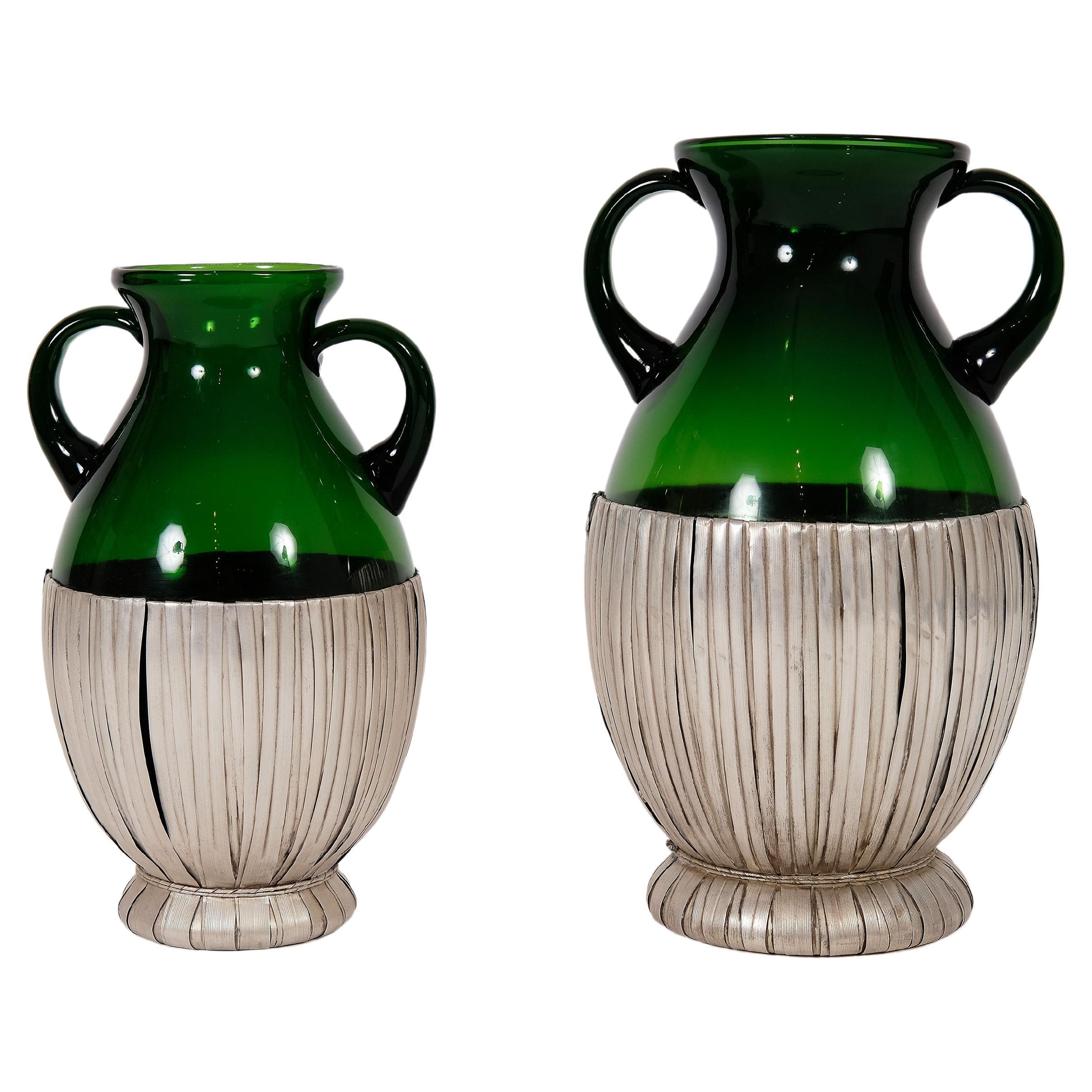 Set of 2 Vavassori Amphoras made in Green Crystal and Sterling Silver For Sale