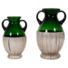 Set of 2 Vavassori Amphoras made in Green Crystal and Sterling Silver