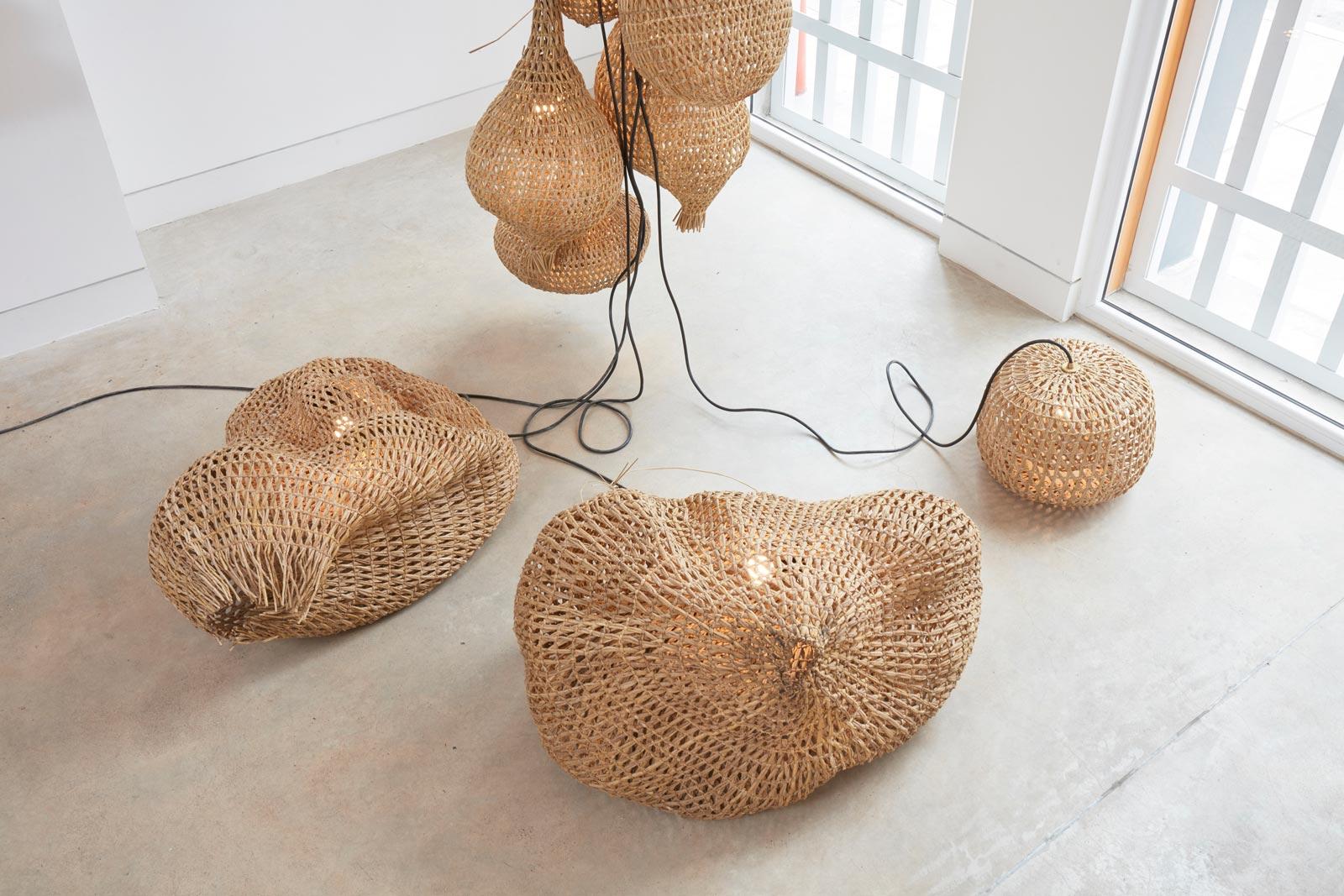 Hand-Woven Set of 2 Vegetable Fabrics N°7 Pendant Lamps by Estudio Rafael Freyre For Sale