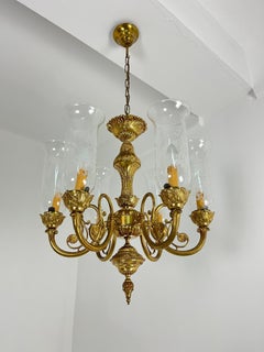 Set of 2 Venetian Chandeliers 6-lights brass and Murano glass 1960s