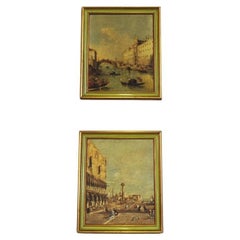 Ensemble de 2 peintures de paysages de Venise sur toile - années 1960