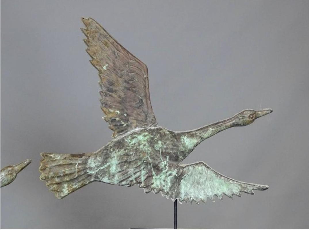 Set of 2 Verdigris patina geese weather vanes on stands
These sculptural pieces originally meant for outside the home will make excellent decorative pieces inside of your interior design project.
Measure: 28