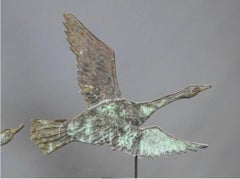 Set of 2 Verdigris Patina Geese Weather Vanes on Stands