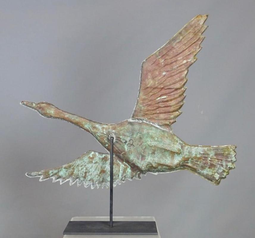 Patinated Set of 2 Verdigris Patina Geese Weather Vanes on Stands