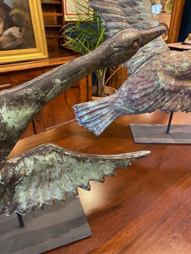 19th Century Set of 2 Verdigris Patina Geese Weather Vanes on Stands