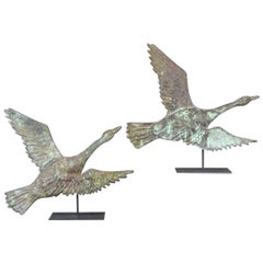 Antique Set of 2 Verdigris Patina Geese Weather Vanes on Stands