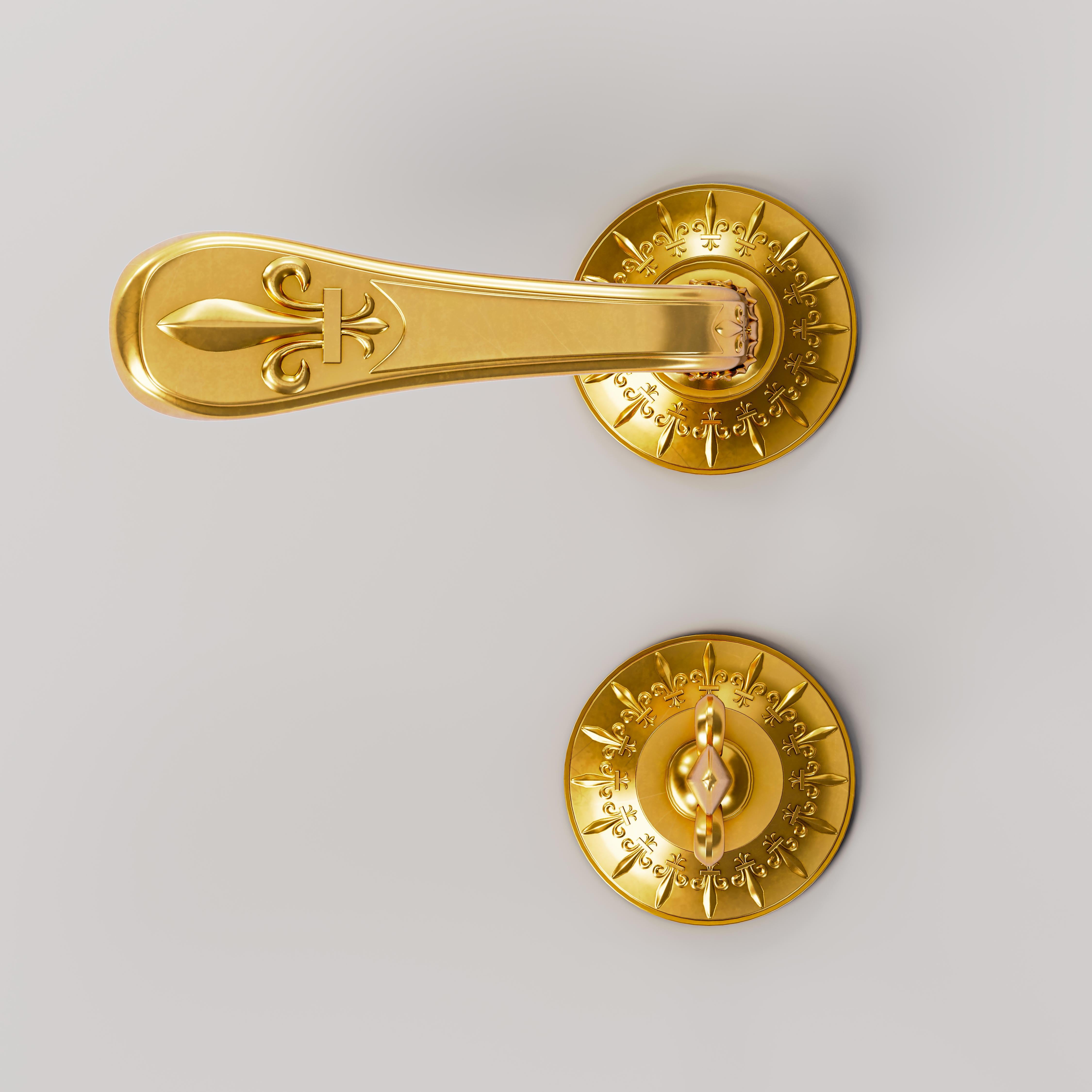 Set Of 2 Versailles Doré Brass Door Handles With Condamnation by Jérôme Bugara
Dimensions: D 5 x W 13,2 x H 6 cm.
Materials: Brass.

Available in different finishes. Please contact us.

Collaboration with Remy Garnier, french art bronzier. Handmade