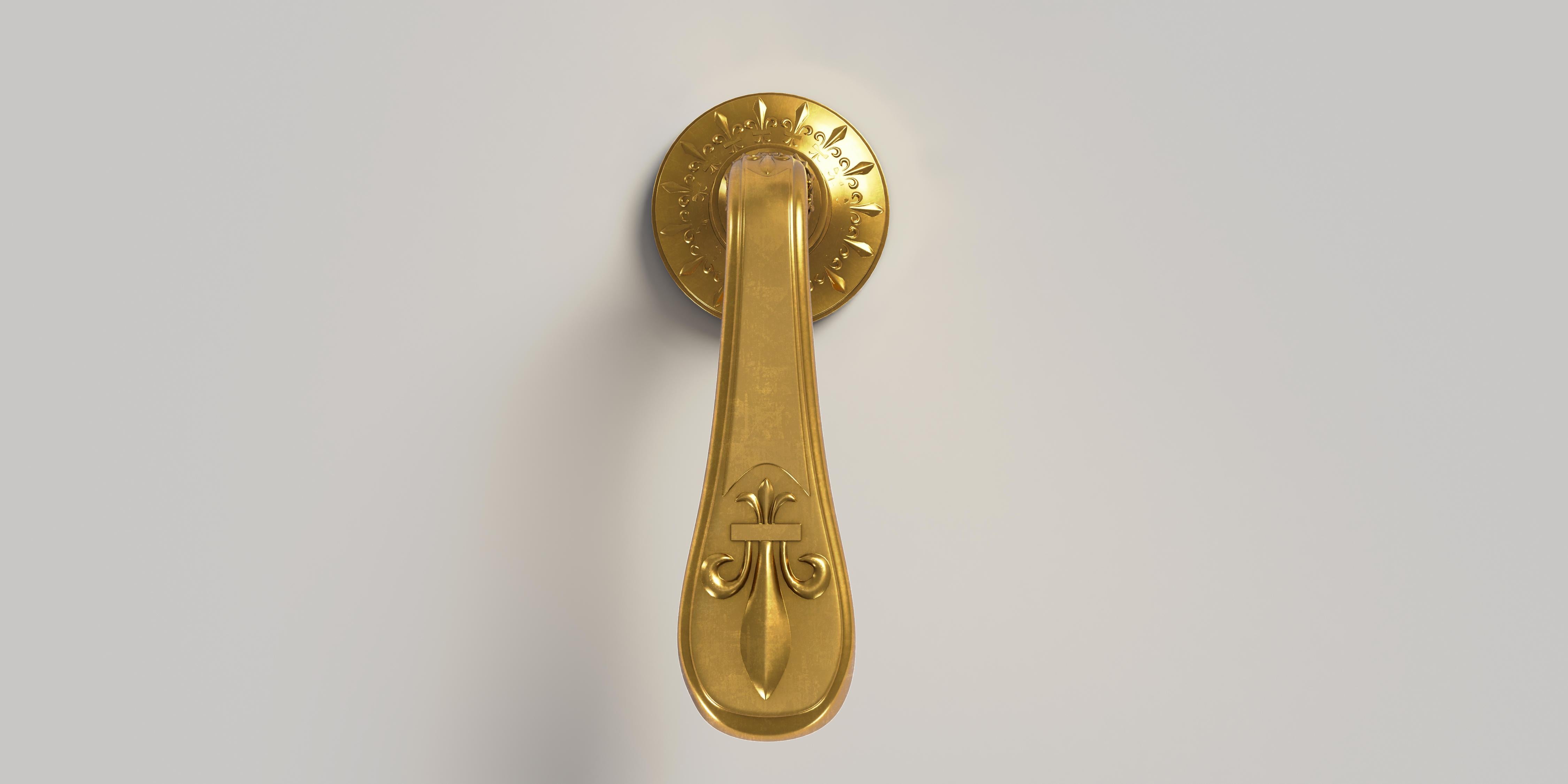 French Set Of 2 Versailles Doré Brass Door Handles With Condamnation by Jérôme Bugara For Sale