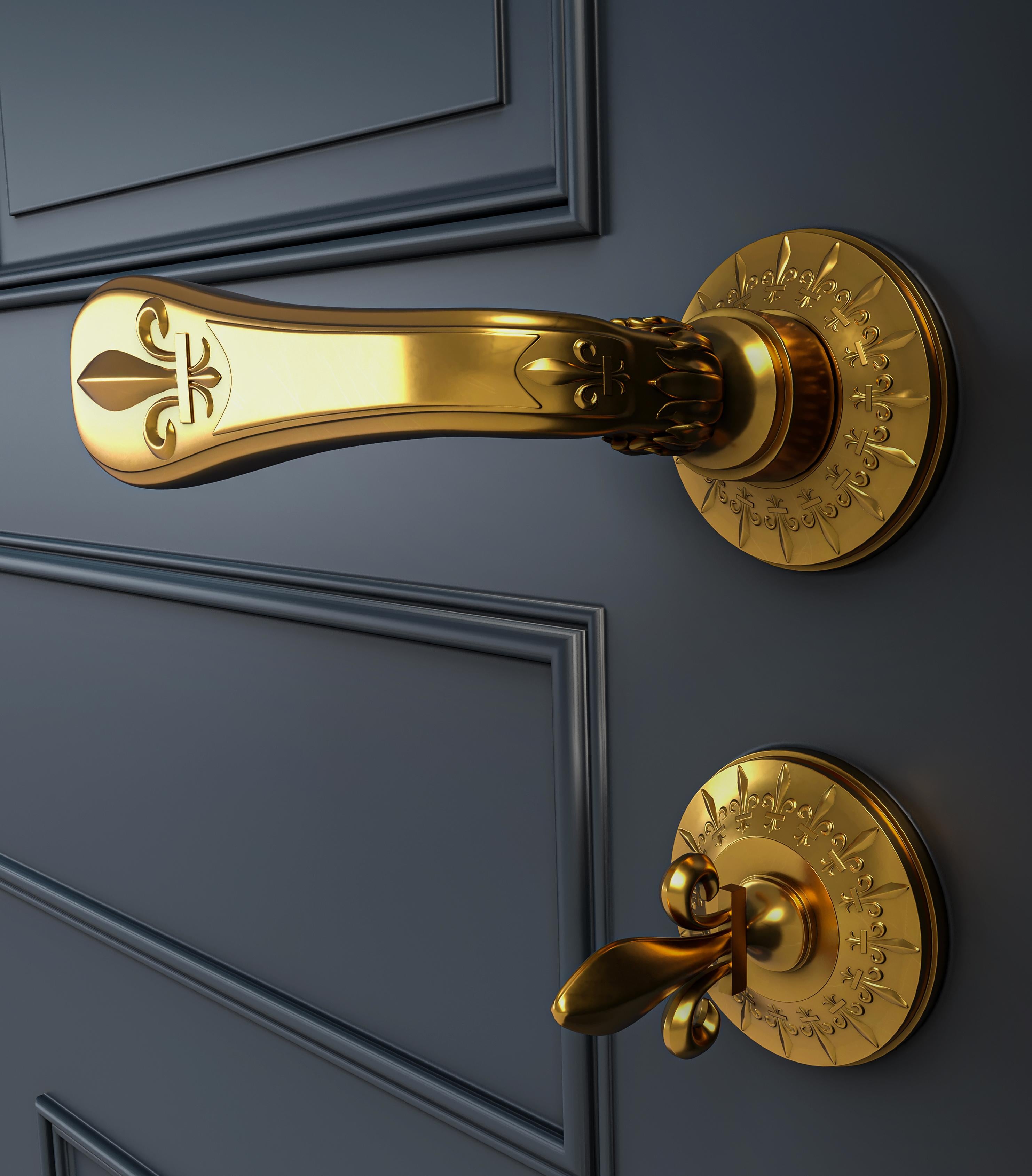 Contemporary Set Of 2 Versailles Doré Brass Door Handles With Condamnation by Jérôme Bugara For Sale