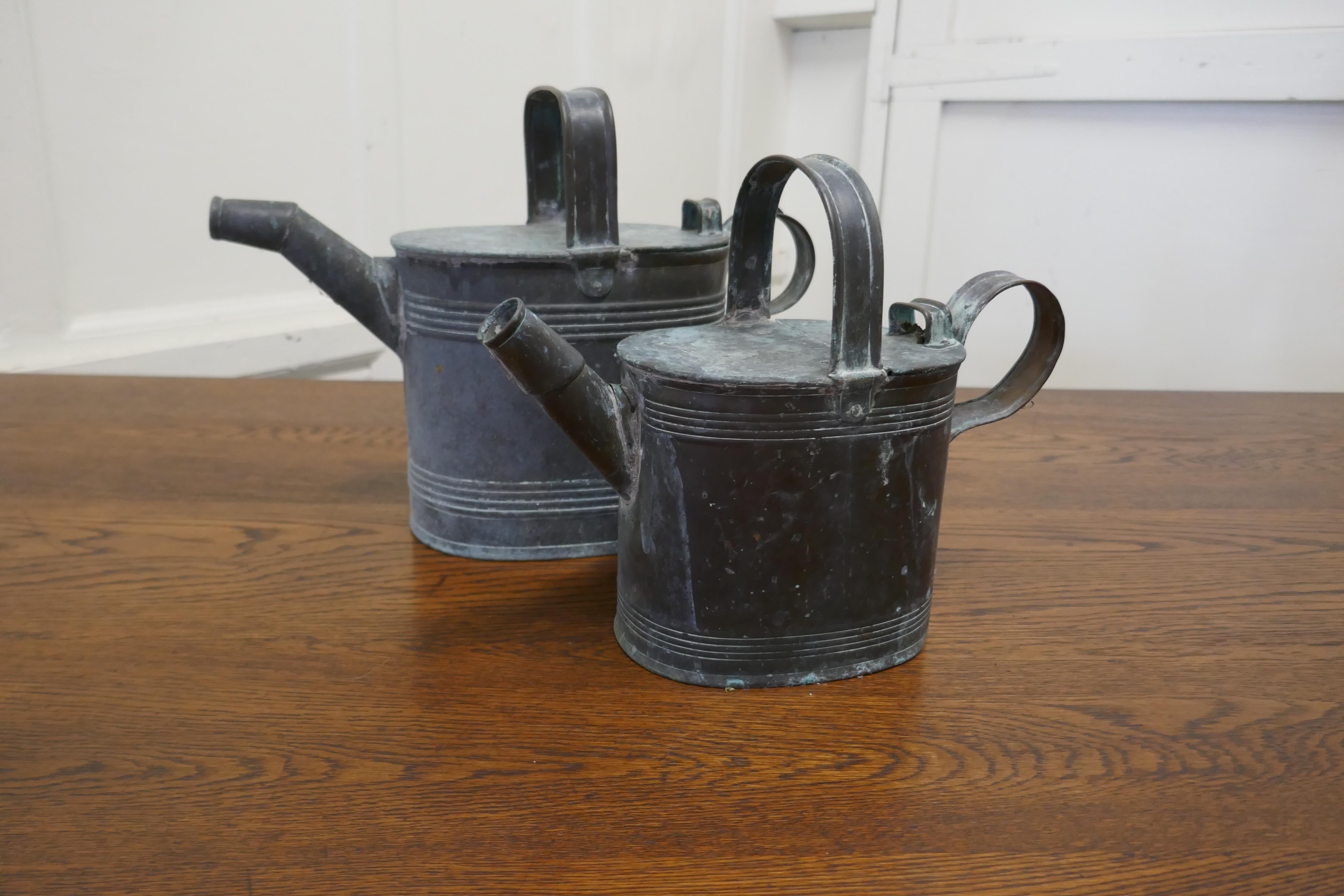 Set of 2 Victorian brass hot water jugs original verdigris

2 jugs or hot water cans, once the pride of the kitchen, now have been left in the condition which they were found un polished and with a natural verdigris patina, very attractive though