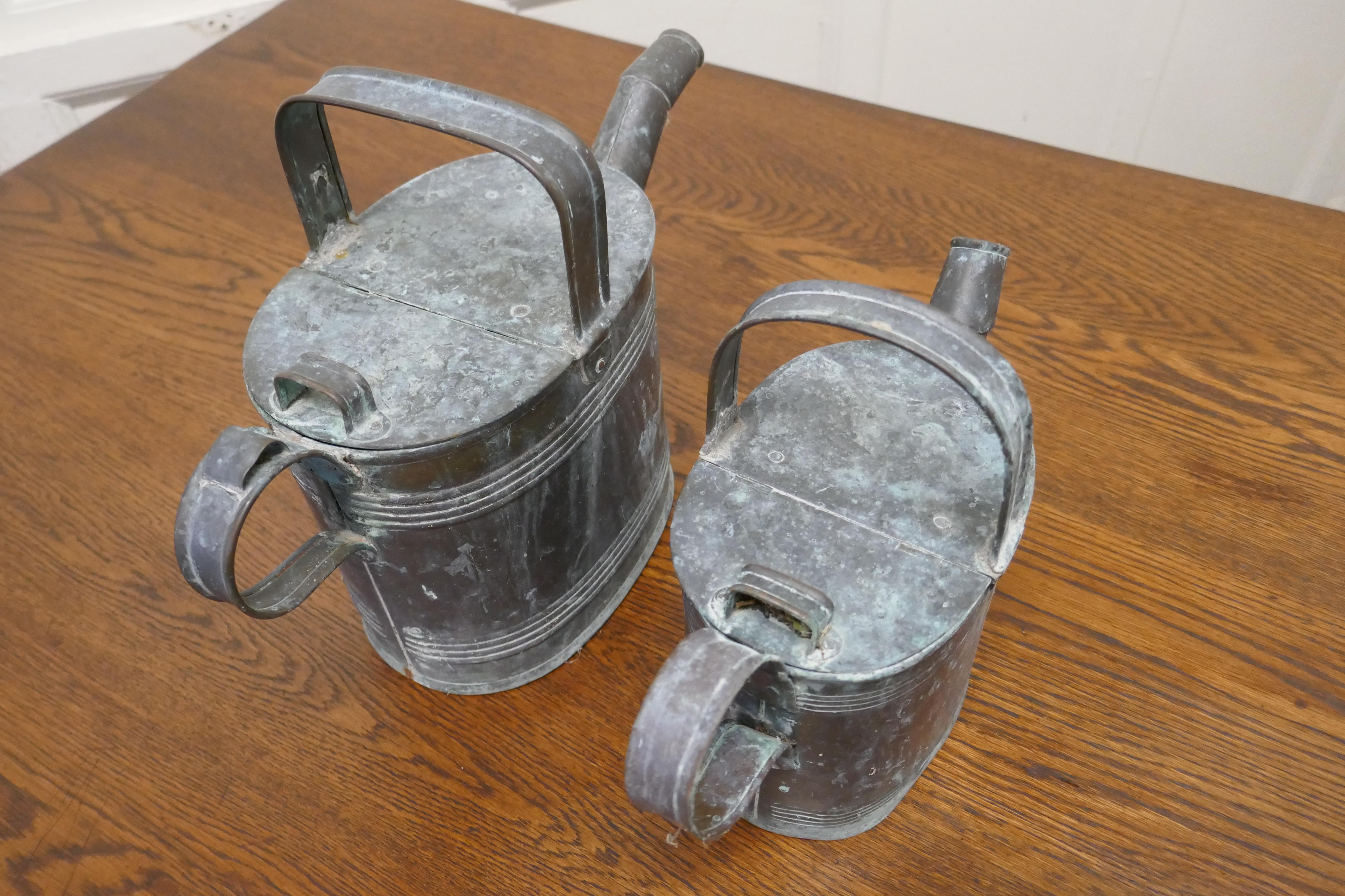 19th Century Set of 2 Victorian Brass Hot Water Jugs Original Verdigris For Sale