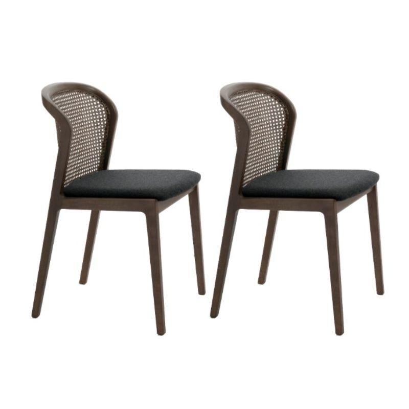 Set of 2, Vienna chair, Canaletto, Nord Wool Anthracite by Colé Italiawith Emmanuel Gallina
Dimensions: H 78, W 48, D 50 cm
Materials: Stained beech wood chair with straw back and upholstered seat
Wood stained finishing: CA Canaletto; WE Wengé;