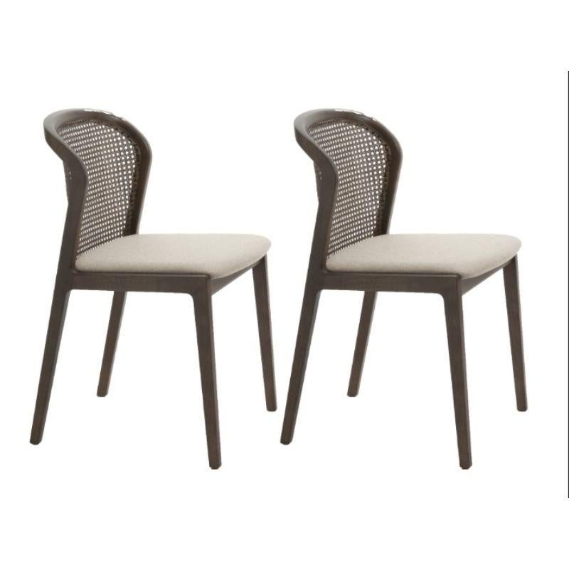 Set of 2, Vienna chair, Canaletto, Nord Wool Beige by Colé Italia with Emmanuel Gallina
Dimensions: H 78, W 48, D 50 cm
Materials: Stained beech wood chair with straw back and upholstered seat
Wood stained finishing: CA Canaletto; WE Wengé; BK