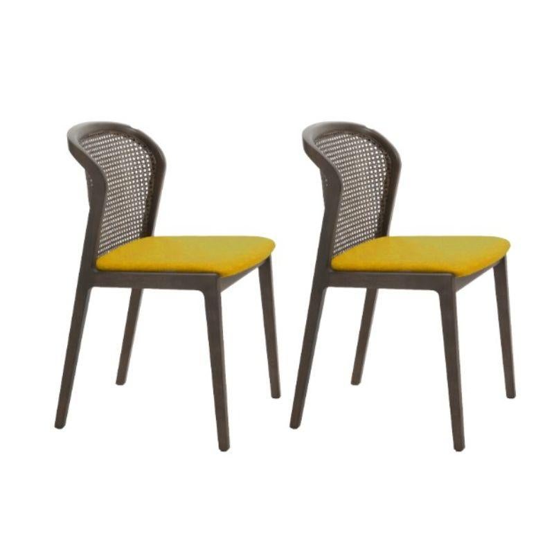 Set of 2, Vienna chair, Canaletto, Nord Wool Ocre by Colé Italia with Emmanuel Gallina
Dimensions: H 78, W 48, D 50 cm
Materials: Stained beech wood chair with straw back and upholstered seat
Wood stained finishing: CA Canaletto; WE Wengé; BK