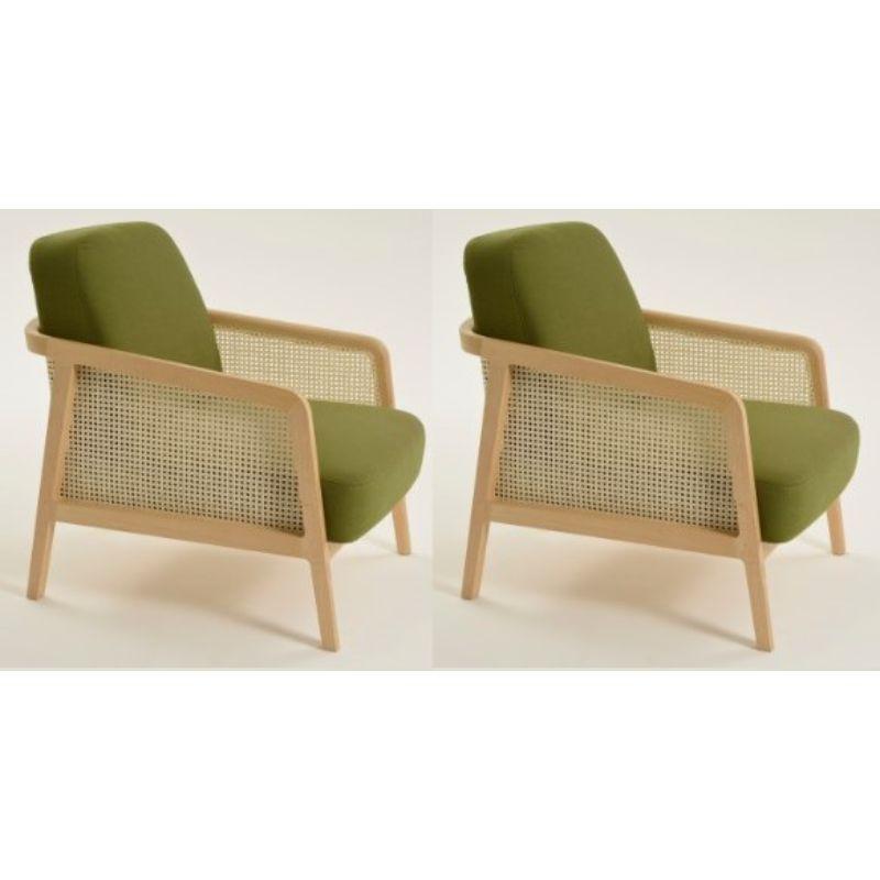 Set of 2, Vienna lounge beech palm green by Colé Italia with Emmanuel Gallina
Dimensions: H 78, W 53, D 50 cm
Materials: lounge armchair in natural beech wood and straw; upholstered seat and back.
Possibility to add a soft feather upholstered