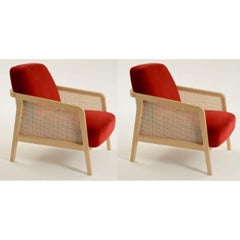 Set of 2, Vienna Lounge Armchair Beech Red Velvet by Colé Italia