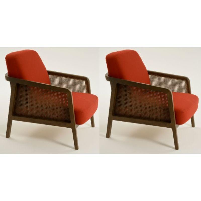 Set of 2, Viennalounge canaletto chili red by Colé Italia with Emmanuel Gallina.
Dimensions: H 78, W 53, D 50 cm.
Materials: lounge armchair in stained beech wood and straw; upholstered seat and back ( Cat CC).
Finishing: CA Canaletto, WE Wengè,