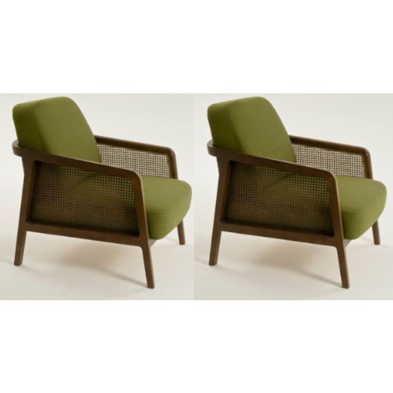 Set of 2, Vienna lounge canaletto palm green by Colé Italia with Emmanuel Gallina
Dimensions: H 78, W 53, D 50 cm
Materials: Lounge armchair in stained beech wood and straw; upholstered seat and back ( Cat CC)
Finishing: CA Canaletto, WE Wengè,