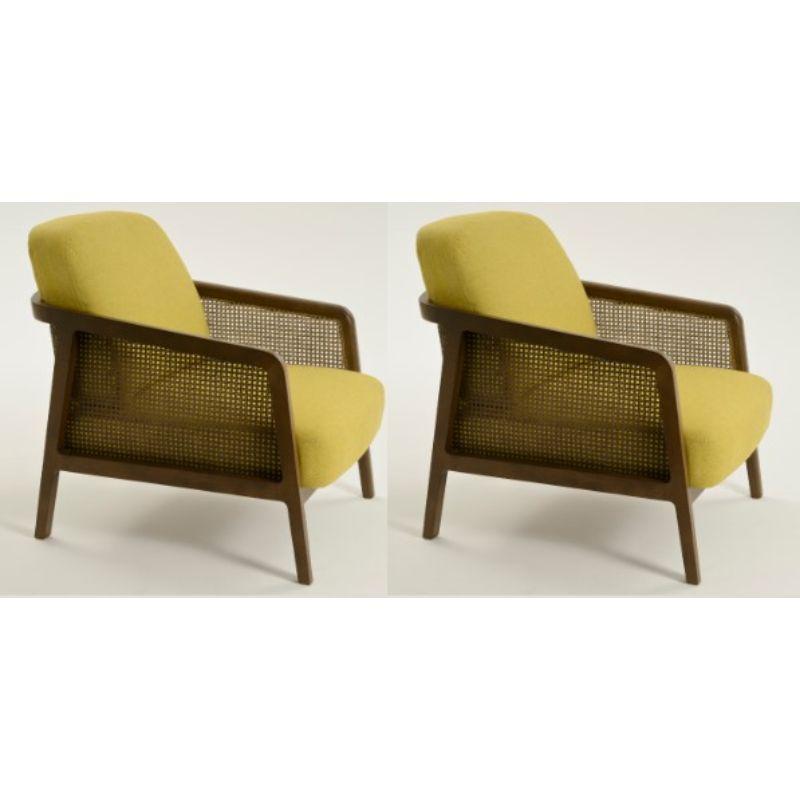 Set of 2, Vienna Lounge Canaletto yellow by Colé Italia with Emmanuel Gallina
Dimensions: H 78, W 53, D 50 cm
Materials: Lounge armchair in stained beech wood and straw; upholstered seat and back ( Cat CC)
Finishing: CA Canaletto, WE Wengè, BK