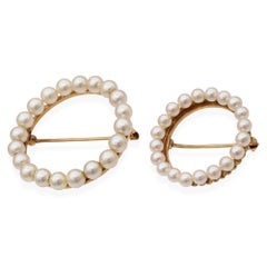 Set of 2 Vintage 14k Yellow Gold Pearl Circle Brooches
