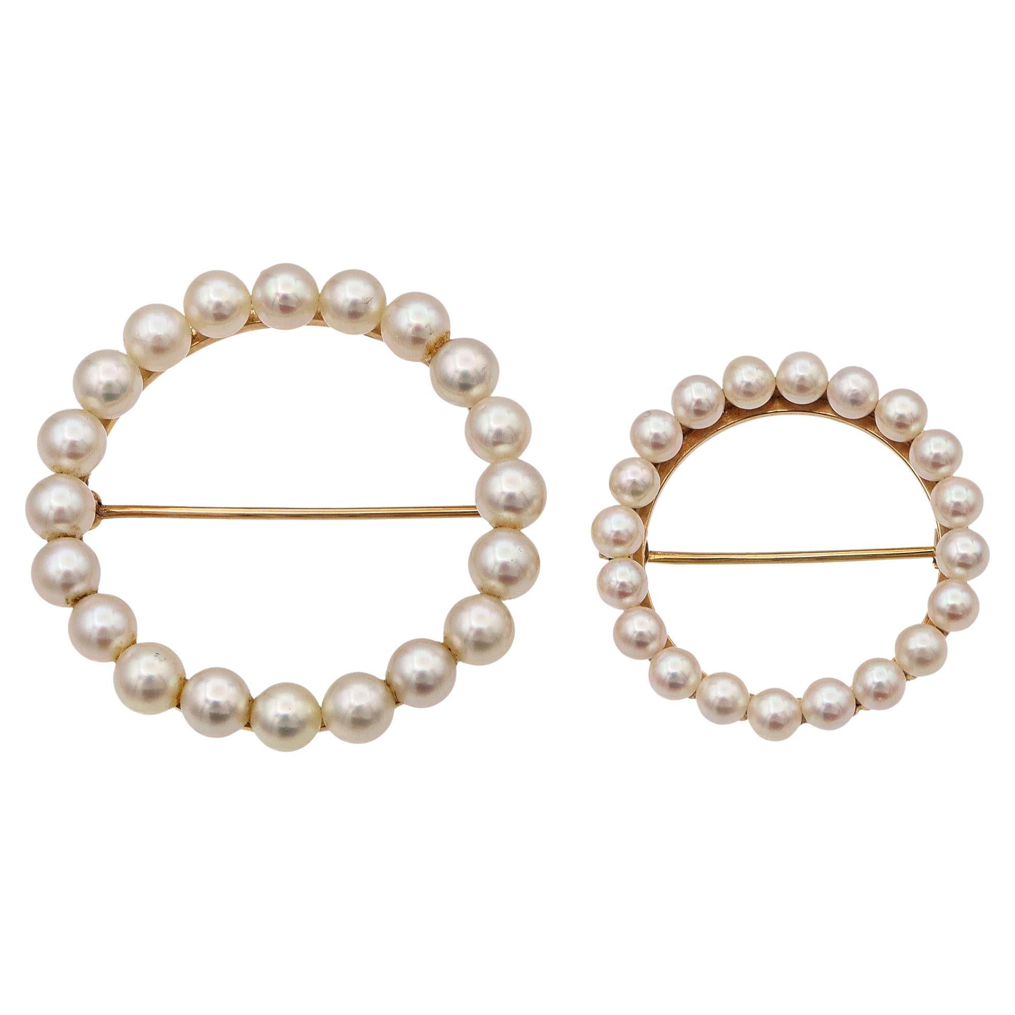 Set of 2 Vintage 14k Yellow Gold Pearl Circle Brooches