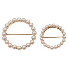 Set of 2 Vintage 14k Yellow Gold Pearl Circle Brooches